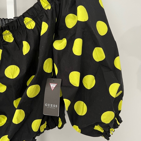 Guess Black and Yellow Cropped Blouse with Puff Sleeves and Ruched Hem - Picture 7 of 11